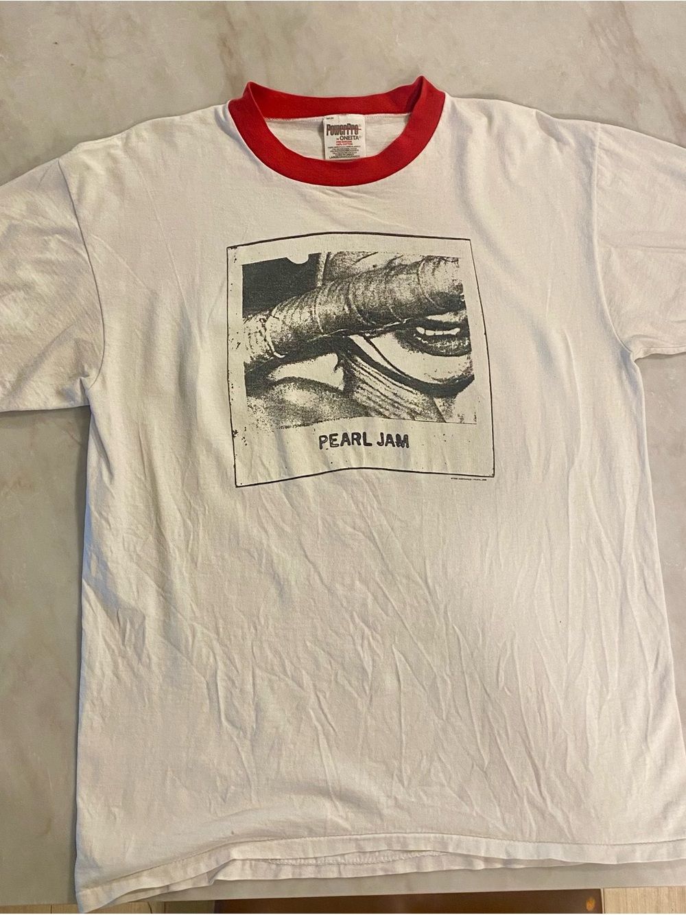 Vintage Pearl Jam White Tee with Red Ringer Collar
